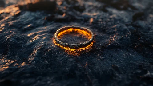 Golden Ring Gleaming on Volcanic Rock at Sunset.