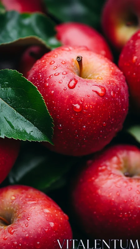 Fresh red apples with dewdrops under soft natural light.