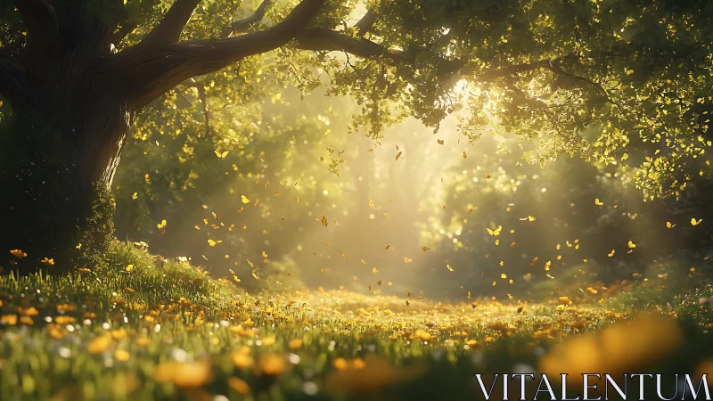 Golden Hour Leaf Cascade Under Arboreal Canopy with Volumetric Light Refraction