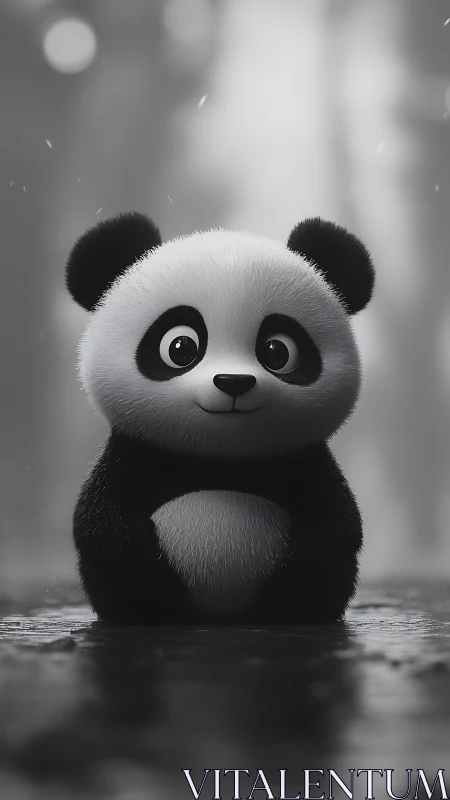 Cute 3D baby panda sits shyly in a soft misty forest path