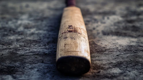 Weathered wooden cricket bat resting on rough dusty ground.
