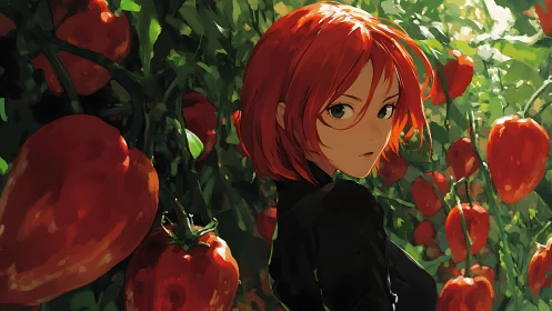 Red haired watcher wandering a secret tomato jungle.