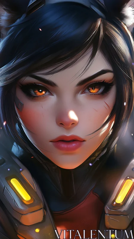 Futuristic female warrior portrait with glowing amber eyes.