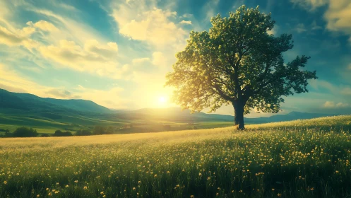 Golden meadow sunset with a solitary tree in bloom.