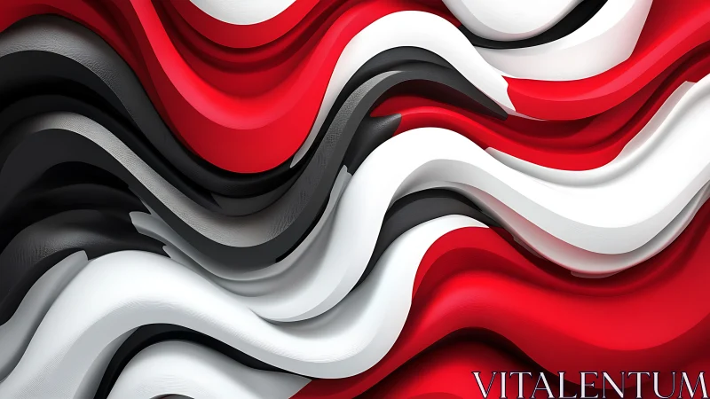 Layered red white black fluid ribbons in 3D abstract relief