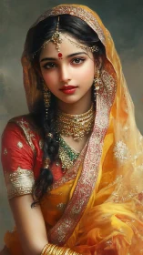 Regal portrait of jeweled woman in luminous saffron sari.