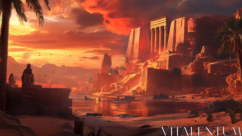 Cinematic sunset over monumental desert temple with volumetric lighting