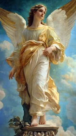 Serene skyward angel glows in sunlit robes and ivory wings.