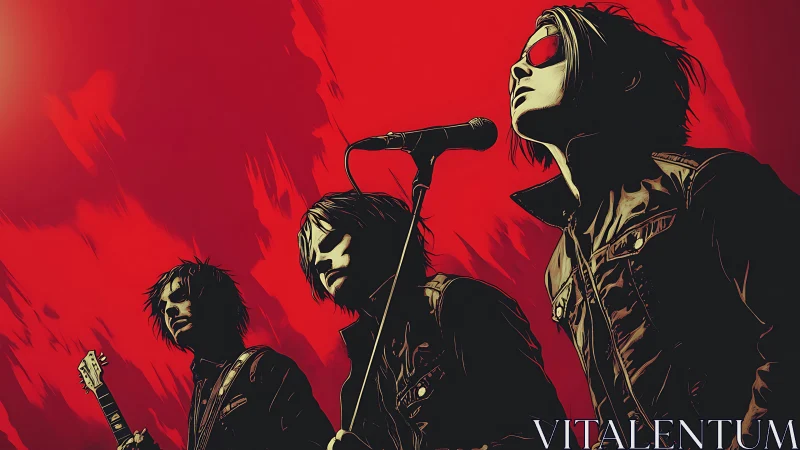 Crimson sky garage band frozen in a rebel anthem pose.