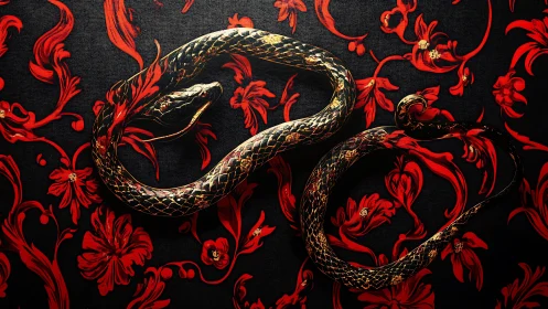 Golden serpent sculpture on red floral baroque pattern.