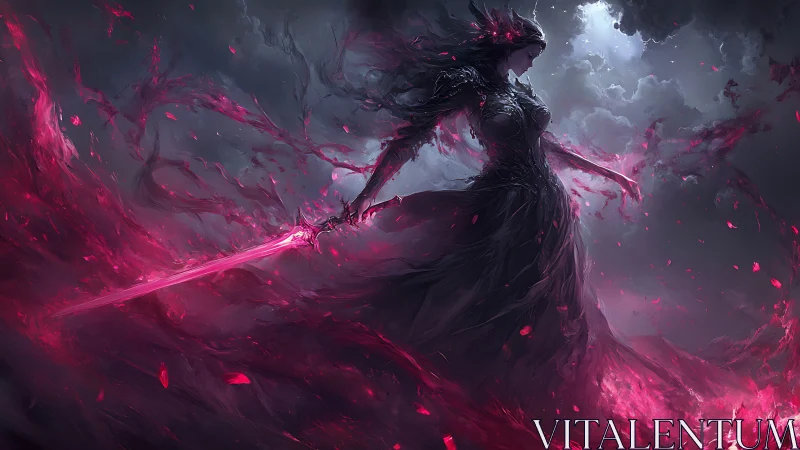 Dark armored woman wields glowing red sword in storm
