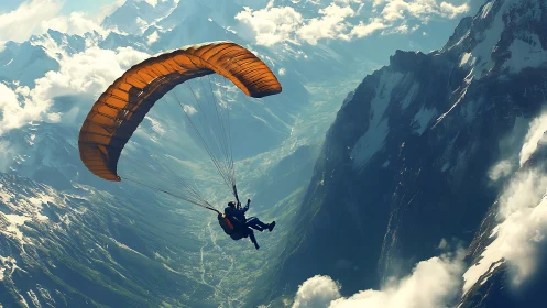 Tandem paraglider over alpine valley with clouds and cliffs.