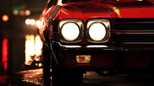Retro muscle car front fascia under wet neon illumination.
