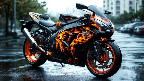 Flame-wrapped sport motorcycle gleams on rainy city street.
