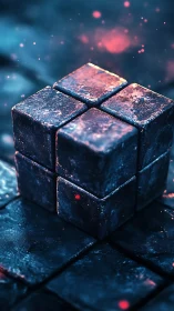Glowing metallic cube on dark tiles with neon sparks.