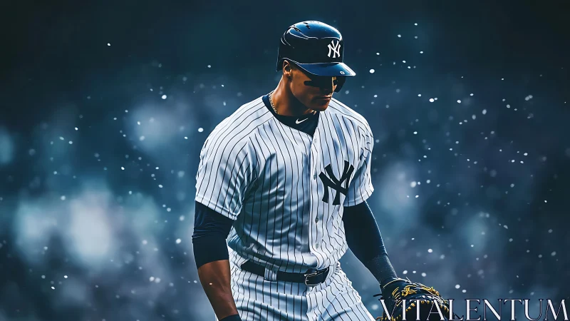 Digital portrait of focused baseball player in pinstripes.