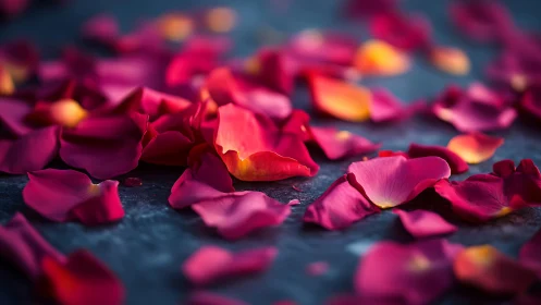 Vibrant Rose Petals on Dark Slate Surface with Warm Lighting