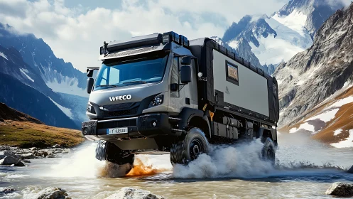 Heavy-duty expedition truck fording glacial river in mountains