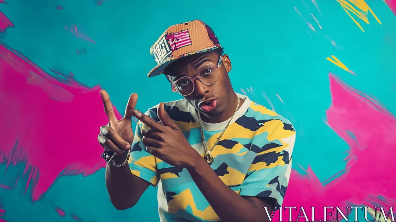 Playful street portrait in bold teal and magenta backdrop.