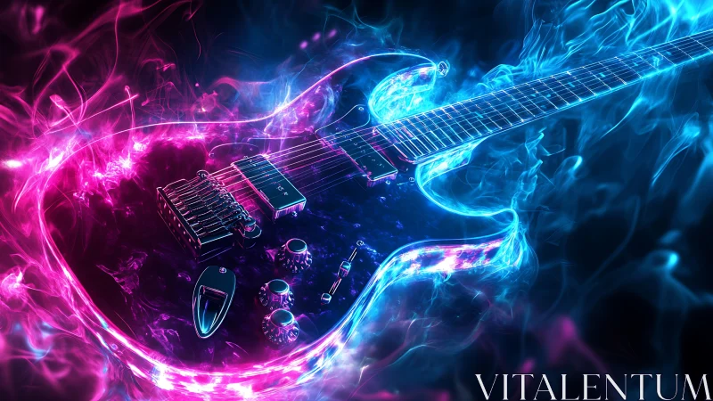 Electric guitar in neon plasma smoke with chromed hardware detail