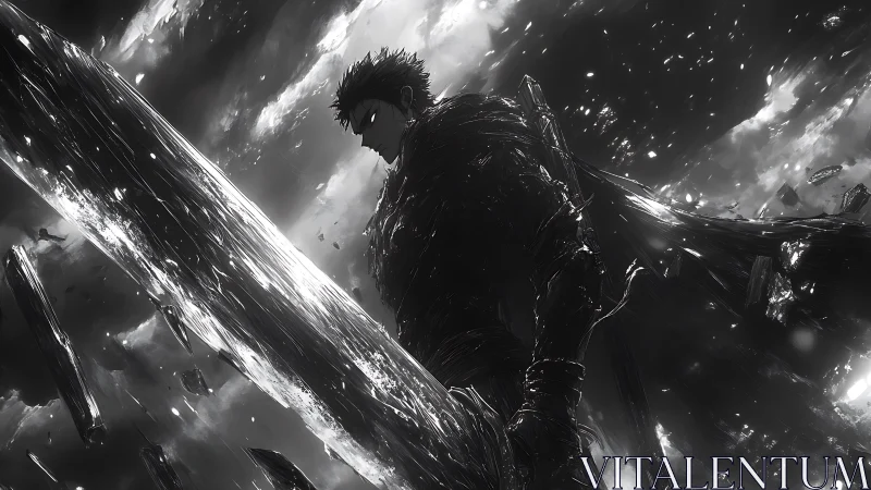 Storm-lit warrior stands firm with colossal sword raised high