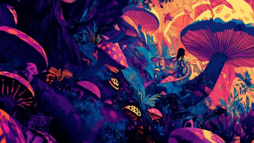Silhouetted figure in neon forest with oversized mushrooms.