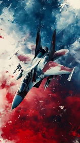 Sleek fighter jet soaring through bold red and blue skies.
