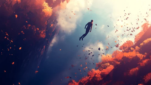 Sky-drifting silhouette over ember-bright autumn canyon.