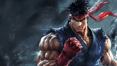 Martial artist readies a powerful punch amid swirling storm.