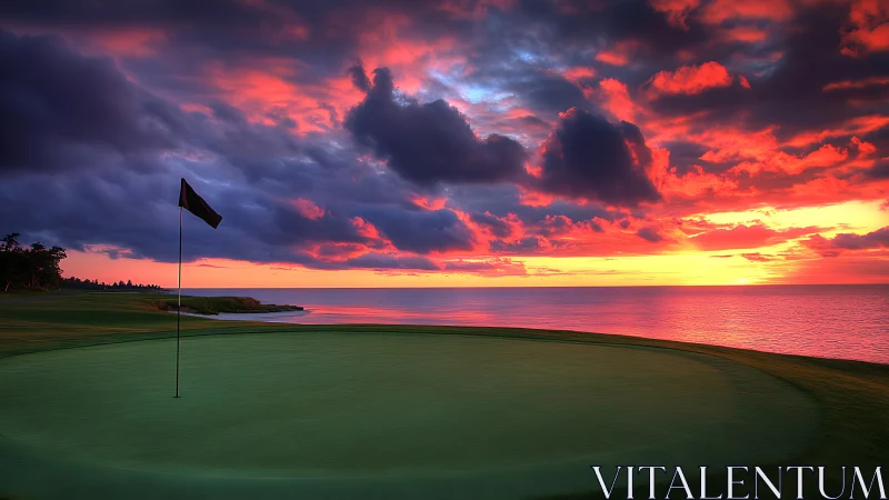 Coastal golf green under dramatic crimson ocean sunset sky.