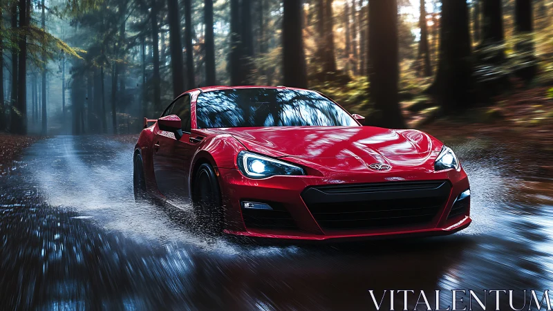 Red sports car slices through a misty forest road in rain
