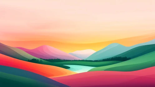 Multicolor gradient hillsides with stylized river at sunrise