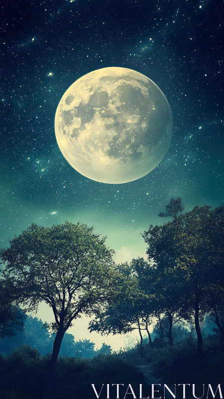 Supermoon rising over nocturnal forest path under starfield