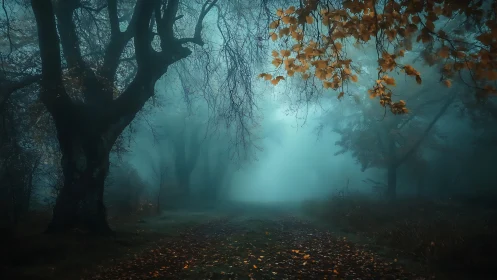 Foggy forest path under autumn trees at dawn.