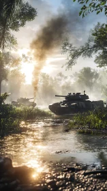 Battle tanks advance through misty jungle river at dawn