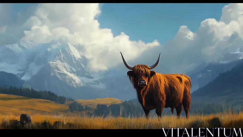 Highland cow stands proud before dramatic snowy peaks.