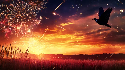 Fireworks illuminate sunset sky while silhouetted bird flies