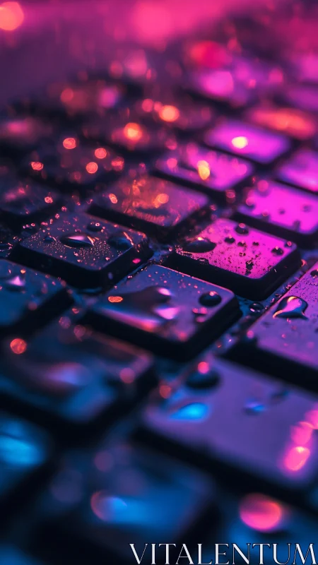 Neon rain on midnight keyboard keys in liquid cyberdreams.
