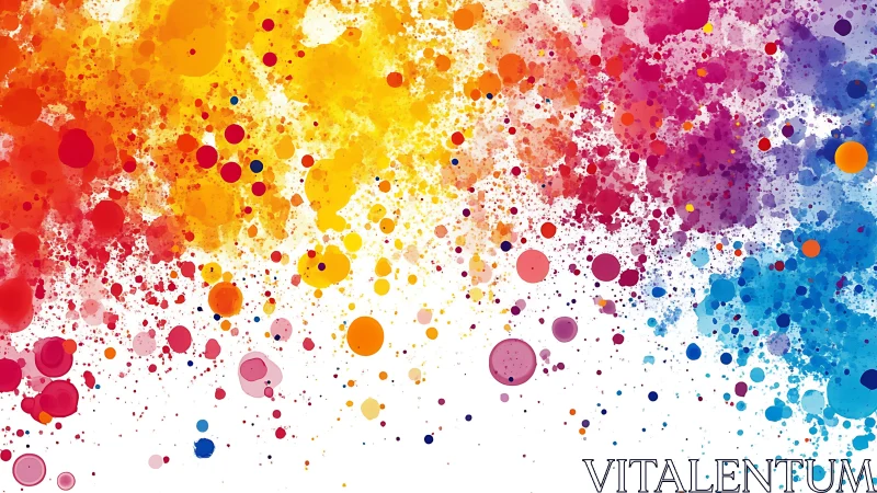 Multicolored circular paint splatter gradient on white field.