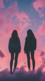 Silhouetted friends stand above clouds under neon dusk sky.