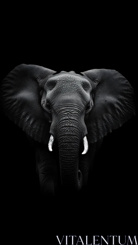 Monochrome frontal elephant portrait with high-contrast lighting.
