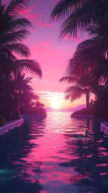 Sunset pool framed by palm trees under magenta sky