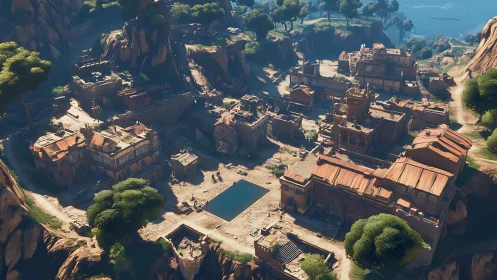 Digital aerial view shows terraced settlement and reservoir