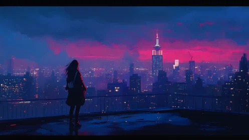Midnight rooftop pause above a neon painted city skyline.