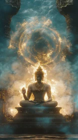 Celestial Buddha amid blazing mandala of sacred light.