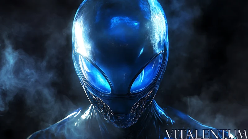 Chrome-eyed alien sentinel studies the drifting human horizon