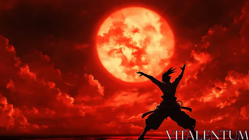 Crimson sky warrior calling power from a burning celestial moon.