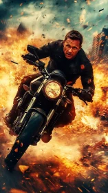 Fearless motorcyclist races through a storm of exploding fire.
