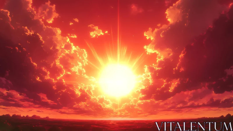 Blazing sunset engulfs horizon with radiant crimson clouds