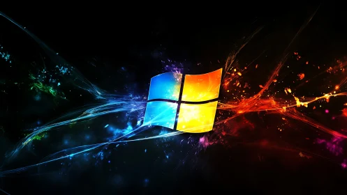 Windows logo in high-energy chromatic particle explosion field.